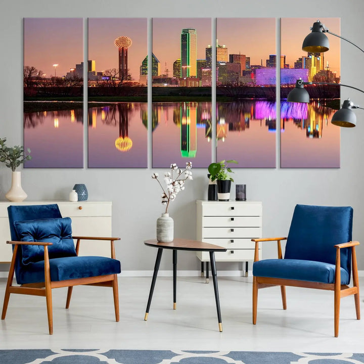 A breathtaking cityscape of Dallas at sunset is beautifully captured and reflected in a river. This scene is rendered on the museum-quality "Dallas City Lights Sunset Skyline Cityscape View Wall Art Canvas Print," which comes with an elegant UV-protective coating, ready to hang and enhance any space.