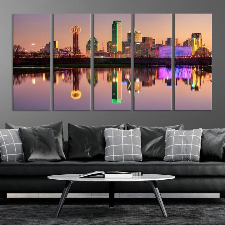 A breathtaking cityscape of Dallas at sunset is beautifully captured and reflected in a river. This scene is rendered on the museum-quality "Dallas City Lights Sunset Skyline Cityscape View Wall Art Canvas Print," which comes with an elegant UV-protective coating, ready to hang and enhance any space.