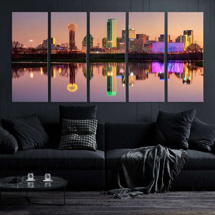 A breathtaking cityscape of Dallas at sunset is beautifully captured and reflected in a river. This scene is rendered on the museum-quality "Dallas City Lights Sunset Skyline Cityscape View Wall Art Canvas Print," which comes with an elegant UV-protective coating, ready to hang and enhance any space.