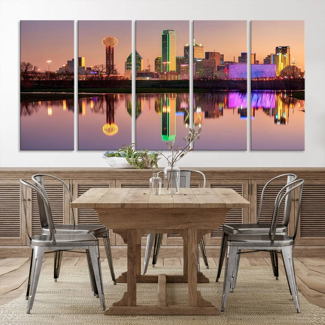 A breathtaking cityscape of Dallas at sunset is beautifully captured and reflected in a river. This scene is rendered on the museum-quality "Dallas City Lights Sunset Skyline Cityscape View Wall Art Canvas Print," which comes with an elegant UV-protective coating, ready to hang and enhance any space.