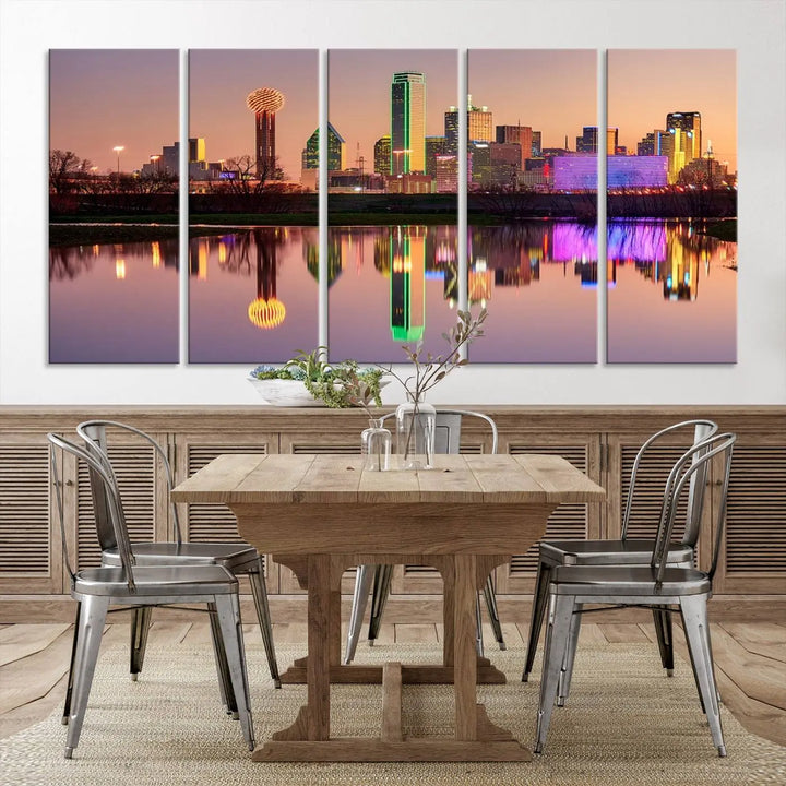 A breathtaking cityscape of Dallas at sunset is beautifully captured and reflected in a river. This scene is rendered on the museum-quality "Dallas City Lights Sunset Skyline Cityscape View Wall Art Canvas Print," which comes with an elegant UV-protective coating, ready to hang and enhance any space.