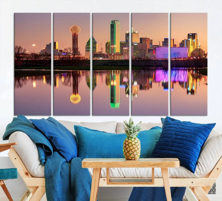 A breathtaking cityscape of Dallas at sunset is beautifully captured and reflected in a river. This scene is rendered on the museum-quality "Dallas City Lights Sunset Skyline Cityscape View Wall Art Canvas Print," which comes with an elegant UV-protective coating, ready to hang and enhance any space.