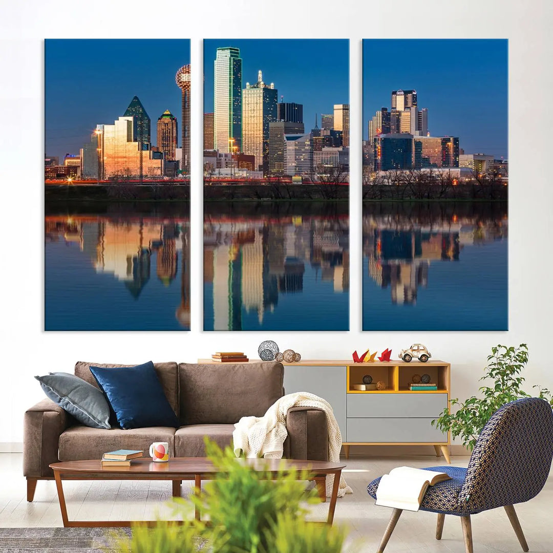 The living room features the "Dallas City Lights Sunset Skyline Cityscape View Wall Art Canvas Print" triptych. This museum-quality canvas comes with a UV-protective coating, ensuring the artwork remains pristine for years to come.