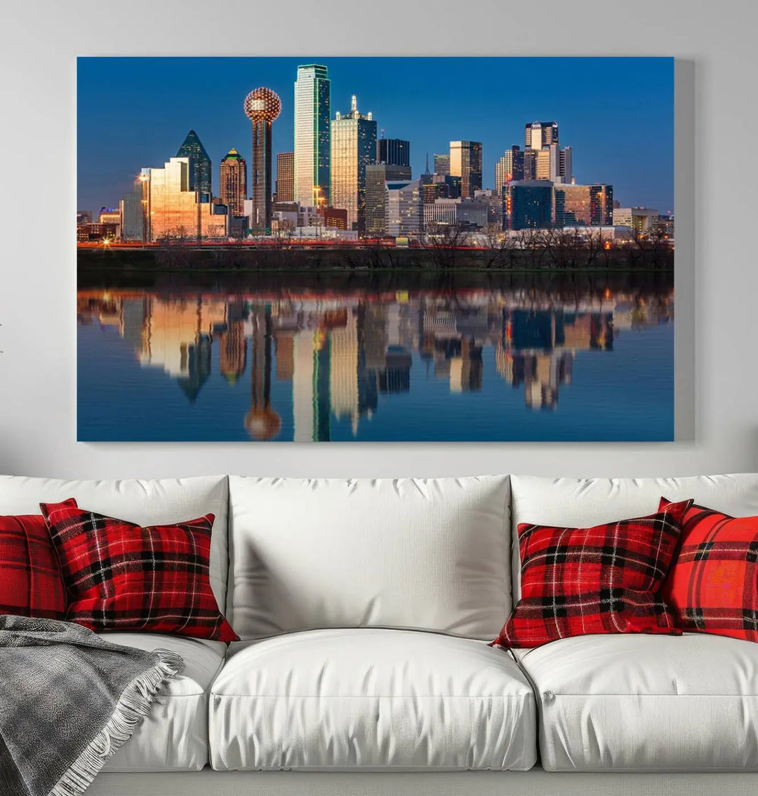 The living room features the "Dallas City Lights Sunset Skyline Cityscape View Wall Art Canvas Print" triptych. This museum-quality canvas comes with a UV-protective coating, ensuring the artwork remains pristine for years to come.