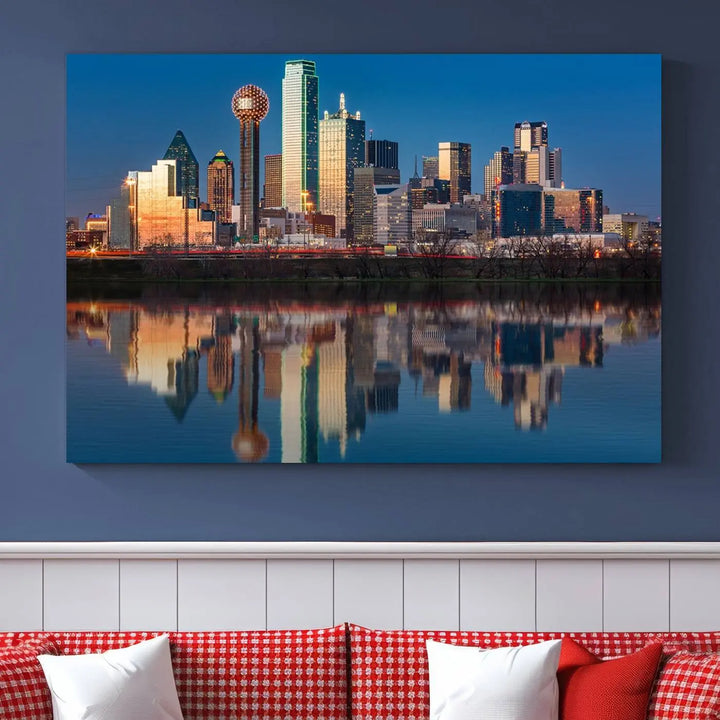 The living room features the "Dallas City Lights Sunset Skyline Cityscape View Wall Art Canvas Print" triptych. This museum-quality canvas comes with a UV-protective coating, ensuring the artwork remains pristine for years to come.