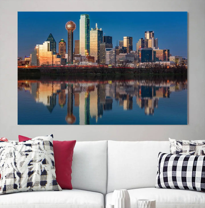 The living room features the "Dallas City Lights Sunset Skyline Cityscape View Wall Art Canvas Print" triptych. This museum-quality canvas comes with a UV-protective coating, ensuring the artwork remains pristine for years to come.