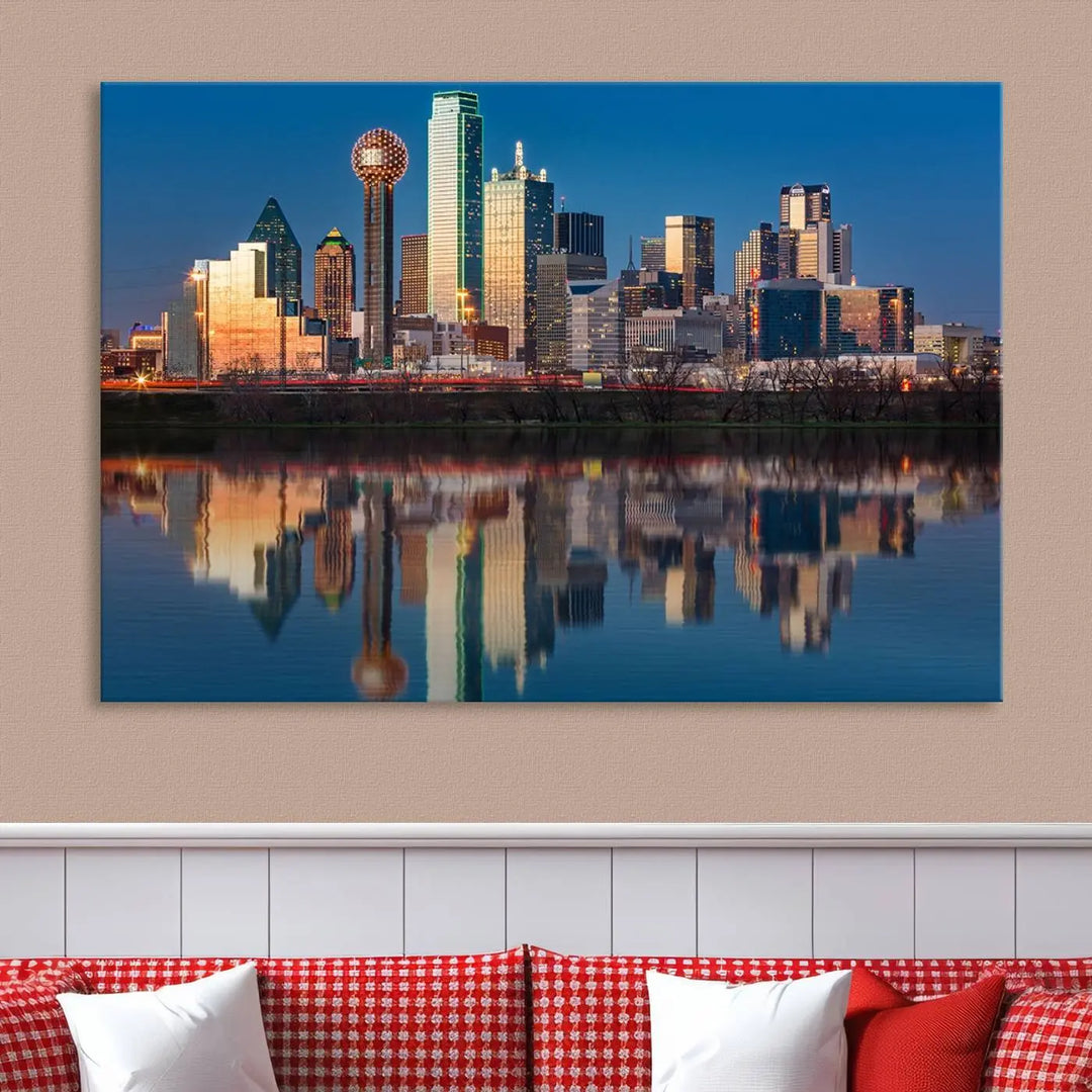 The living room features the "Dallas City Lights Sunset Skyline Cityscape View Wall Art Canvas Print" triptych. This museum-quality canvas comes with a UV-protective coating, ensuring the artwork remains pristine for years to come.