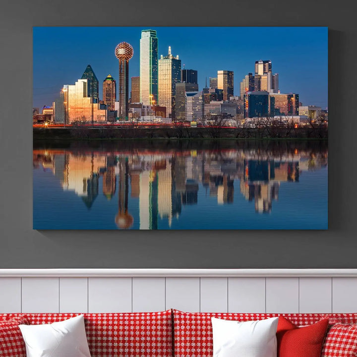 The living room features the "Dallas City Lights Sunset Skyline Cityscape View Wall Art Canvas Print" triptych. This museum-quality canvas comes with a UV-protective coating, ensuring the artwork remains pristine for years to come.