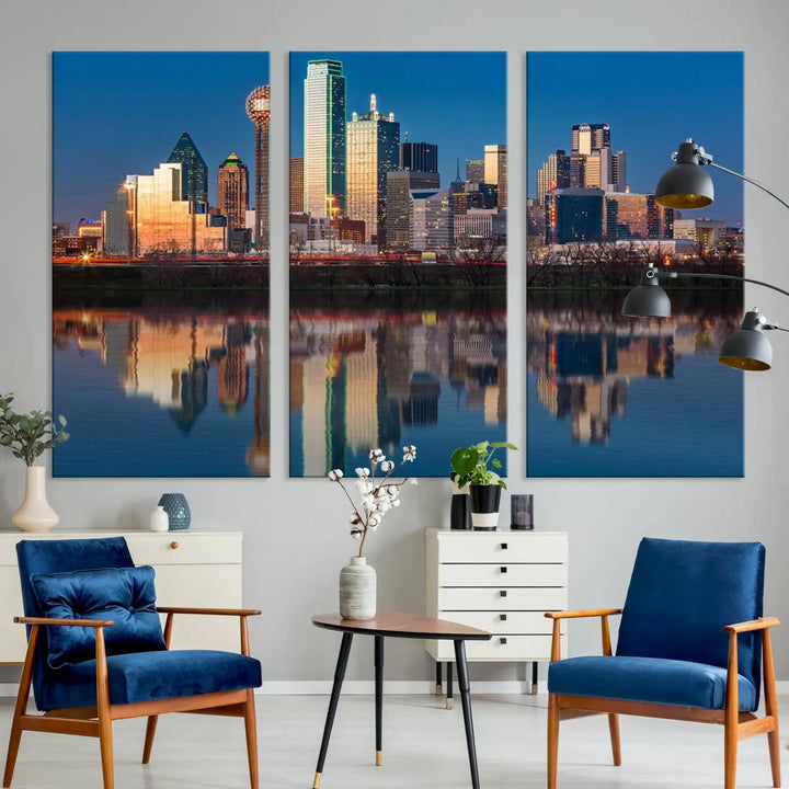 The living room features the "Dallas City Lights Sunset Skyline Cityscape View Wall Art Canvas Print" triptych. This museum-quality canvas comes with a UV-protective coating, ensuring the artwork remains pristine for years to come.