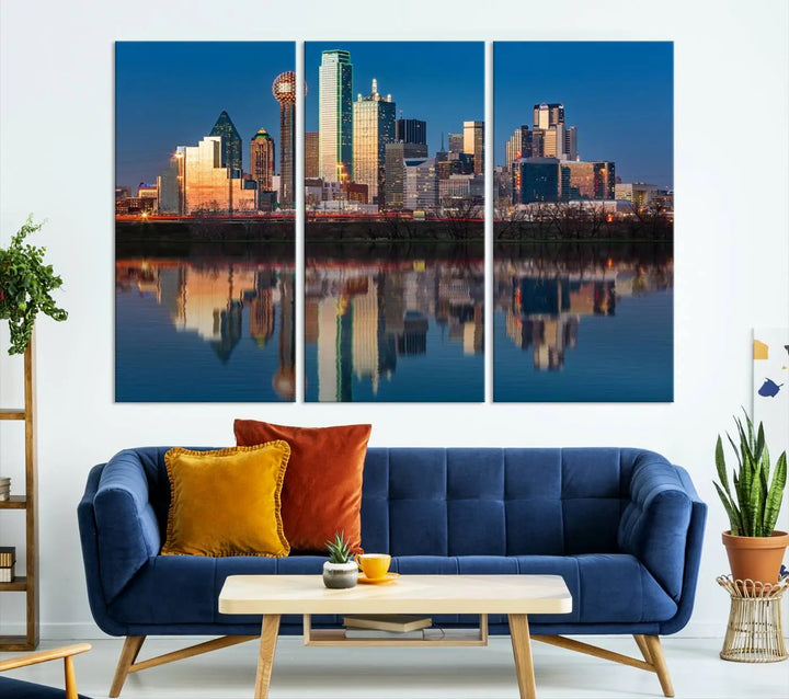 The living room features the "Dallas City Lights Sunset Skyline Cityscape View Wall Art Canvas Print" triptych. This museum-quality canvas comes with a UV-protective coating, ensuring the artwork remains pristine for years to come.