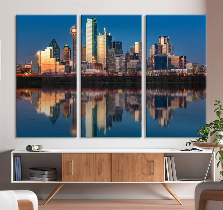 The living room features the "Dallas City Lights Sunset Skyline Cityscape View Wall Art Canvas Print" triptych. This museum-quality canvas comes with a UV-protective coating, ensuring the artwork remains pristine for years to come.