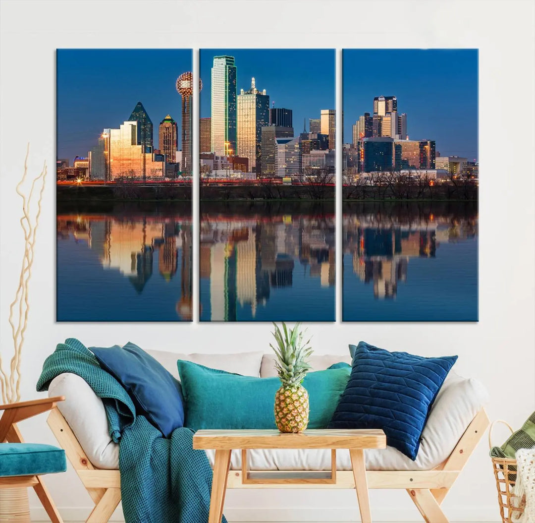 The living room features the "Dallas City Lights Sunset Skyline Cityscape View Wall Art Canvas Print" triptych. This museum-quality canvas comes with a UV-protective coating, ensuring the artwork remains pristine for years to come.