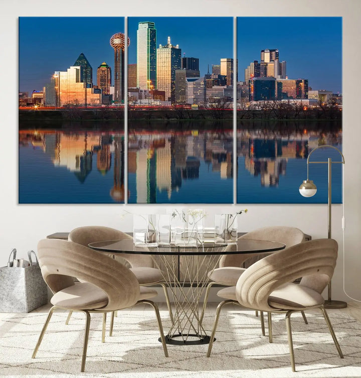 The living room features the "Dallas City Lights Sunset Skyline Cityscape View Wall Art Canvas Print" triptych. This museum-quality canvas comes with a UV-protective coating, ensuring the artwork remains pristine for years to come.