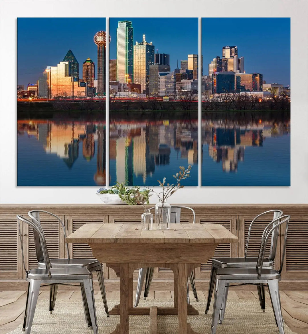 The living room features the "Dallas City Lights Sunset Skyline Cityscape View Wall Art Canvas Print" triptych. This museum-quality canvas comes with a UV-protective coating, ensuring the artwork remains pristine for years to come.