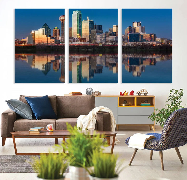 The living room features the "Dallas City Lights Sunset Skyline Cityscape View Wall Art Canvas Print" triptych. This museum-quality canvas comes with a UV-protective coating, ensuring the artwork remains pristine for years to come.