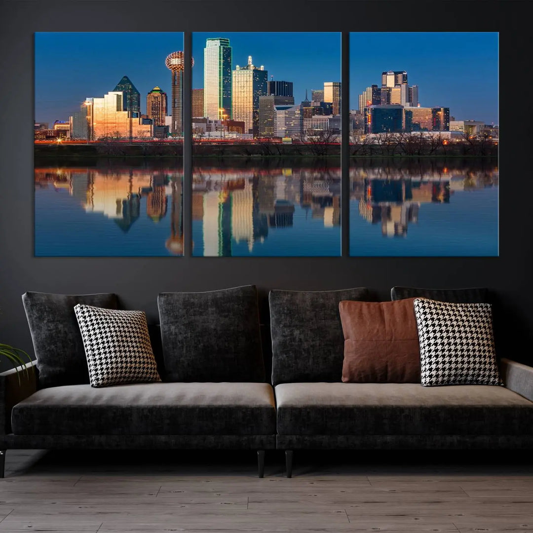 The living room features the "Dallas City Lights Sunset Skyline Cityscape View Wall Art Canvas Print" triptych. This museum-quality canvas comes with a UV-protective coating, ensuring the artwork remains pristine for years to come.