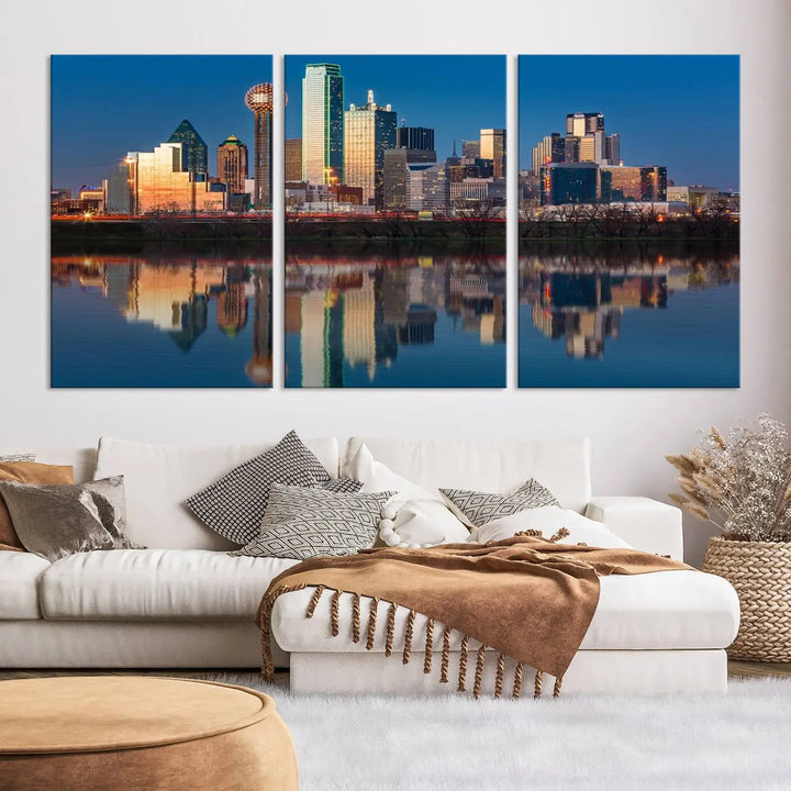 The living room features the "Dallas City Lights Sunset Skyline Cityscape View Wall Art Canvas Print" triptych. This museum-quality canvas comes with a UV-protective coating, ensuring the artwork remains pristine for years to come.