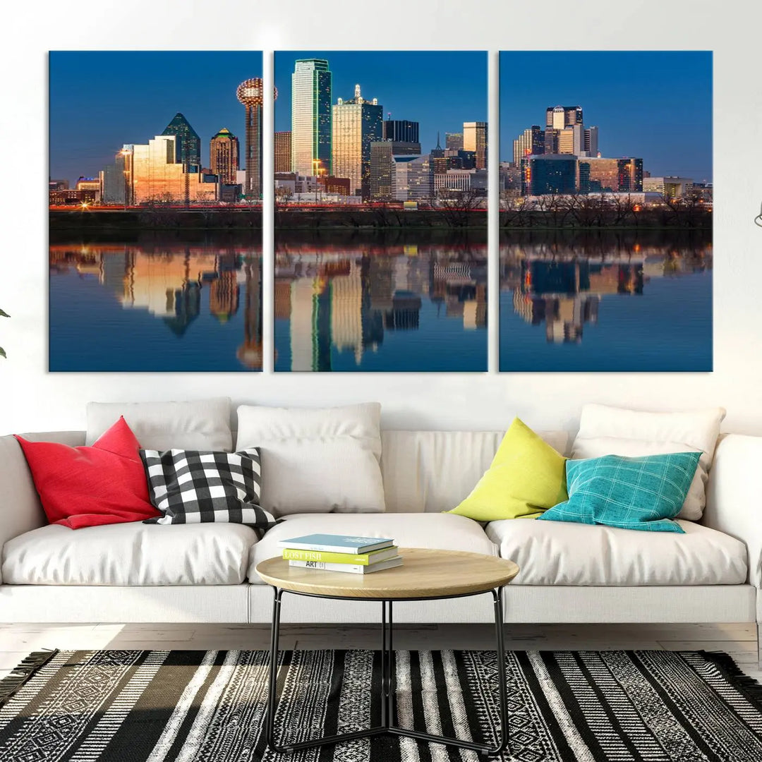 The living room features the "Dallas City Lights Sunset Skyline Cityscape View Wall Art Canvas Print" triptych. This museum-quality canvas comes with a UV-protective coating, ensuring the artwork remains pristine for years to come.