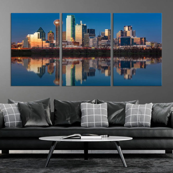 The living room features the "Dallas City Lights Sunset Skyline Cityscape View Wall Art Canvas Print" triptych. This museum-quality canvas comes with a UV-protective coating, ensuring the artwork remains pristine for years to come.