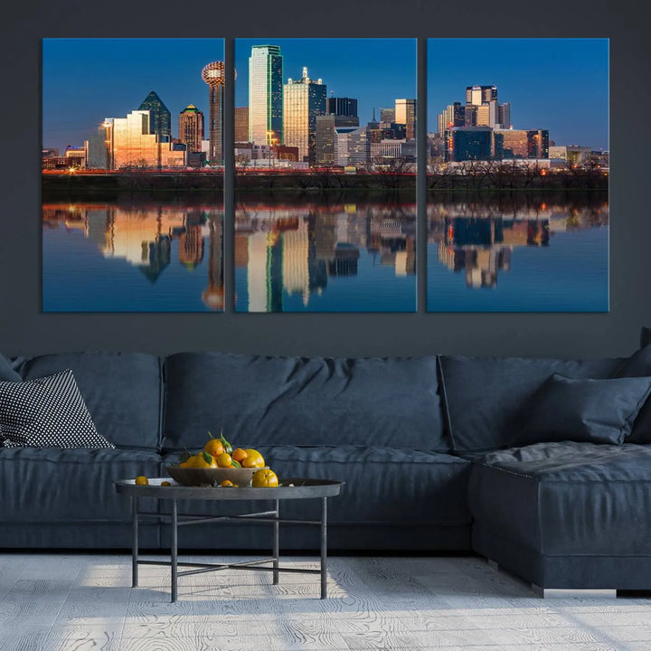 The living room features the "Dallas City Lights Sunset Skyline Cityscape View Wall Art Canvas Print" triptych. This museum-quality canvas comes with a UV-protective coating, ensuring the artwork remains pristine for years to come.