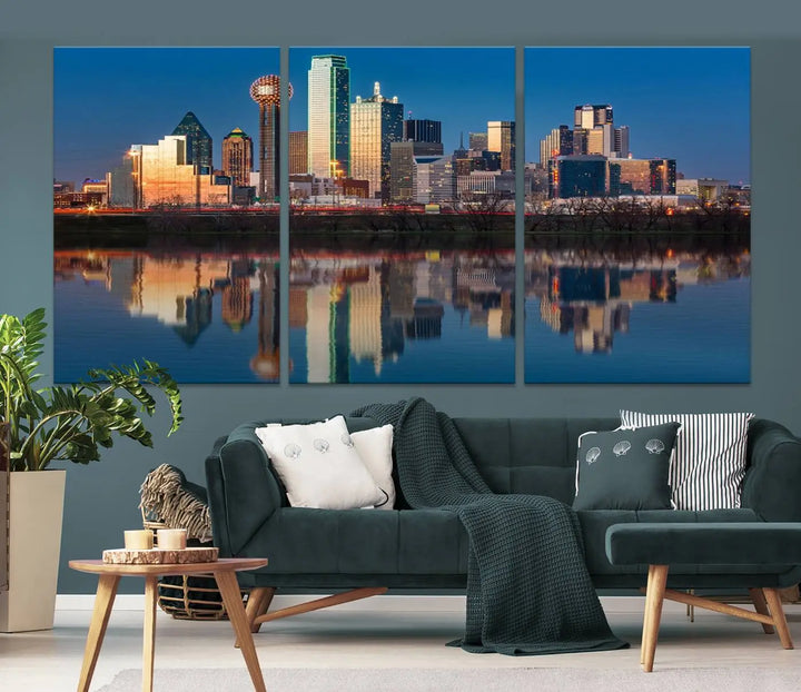 The living room features the "Dallas City Lights Sunset Skyline Cityscape View Wall Art Canvas Print" triptych. This museum-quality canvas comes with a UV-protective coating, ensuring the artwork remains pristine for years to come.