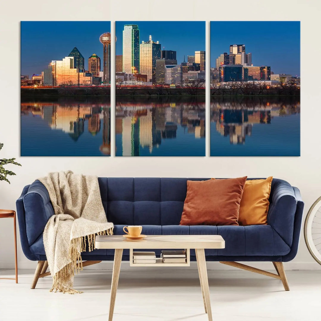 The living room features the "Dallas City Lights Sunset Skyline Cityscape View Wall Art Canvas Print" triptych. This museum-quality canvas comes with a UV-protective coating, ensuring the artwork remains pristine for years to come.