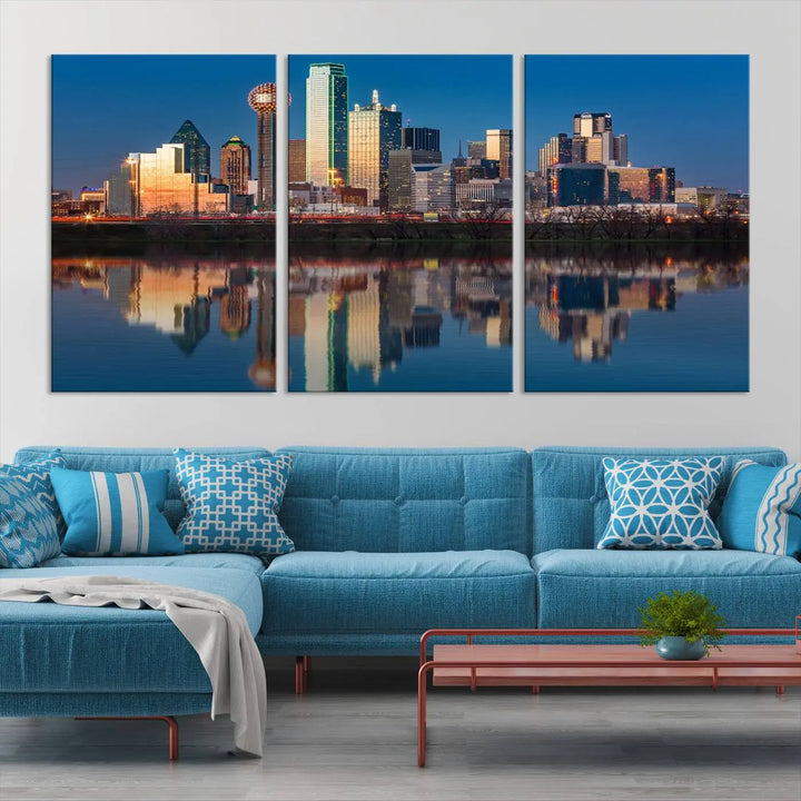 The living room features the "Dallas City Lights Sunset Skyline Cityscape View Wall Art Canvas Print" triptych. This museum-quality canvas comes with a UV-protective coating, ensuring the artwork remains pristine for years to come.