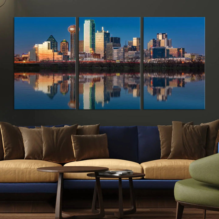 The living room features the "Dallas City Lights Sunset Skyline Cityscape View Wall Art Canvas Print" triptych. This museum-quality canvas comes with a UV-protective coating, ensuring the artwork remains pristine for years to come.