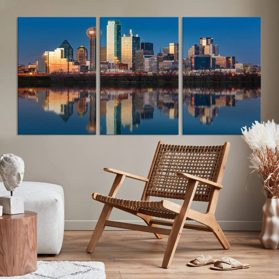 The living room features the "Dallas City Lights Sunset Skyline Cityscape View Wall Art Canvas Print" triptych. This museum-quality canvas comes with a UV-protective coating, ensuring the artwork remains pristine for years to come.