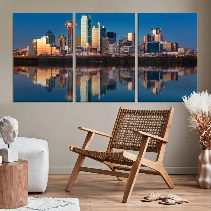 The living room features the "Dallas City Lights Sunset Skyline Cityscape View Wall Art Canvas Print" triptych. This museum-quality canvas comes with a UV-protective coating, ensuring the artwork remains pristine for years to come.