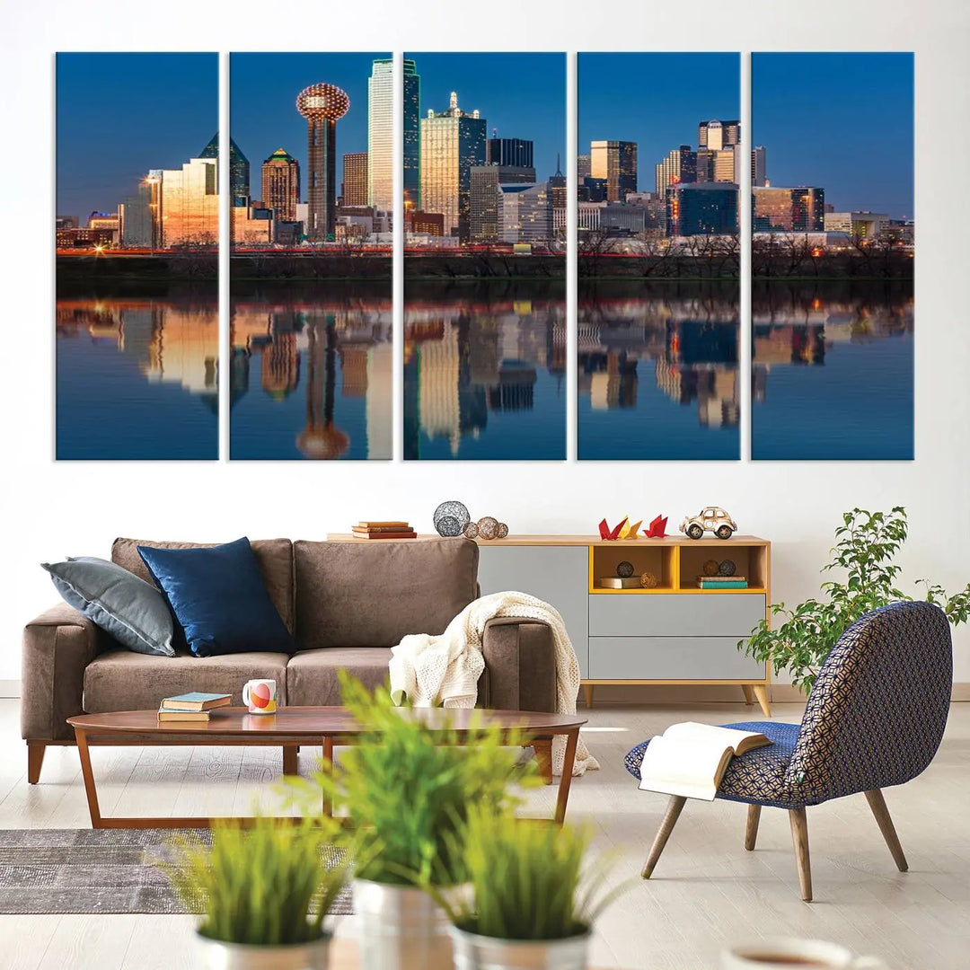 The living room features the "Dallas City Lights Sunset Skyline Cityscape View Wall Art Canvas Print" triptych. This museum-quality canvas comes with a UV-protective coating, ensuring the artwork remains pristine for years to come.