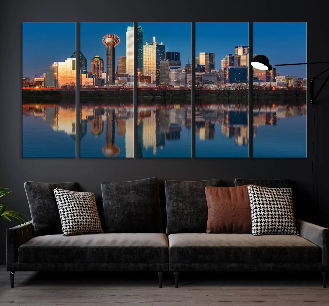 The living room features the "Dallas City Lights Sunset Skyline Cityscape View Wall Art Canvas Print" triptych. This museum-quality canvas comes with a UV-protective coating, ensuring the artwork remains pristine for years to come.