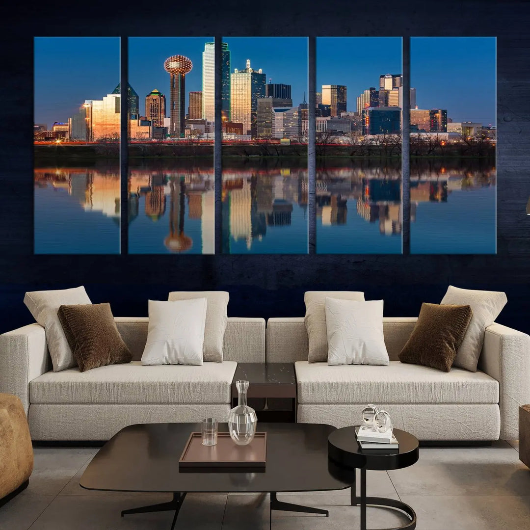 The living room features the "Dallas City Lights Sunset Skyline Cityscape View Wall Art Canvas Print" triptych. This museum-quality canvas comes with a UV-protective coating, ensuring the artwork remains pristine for years to come.