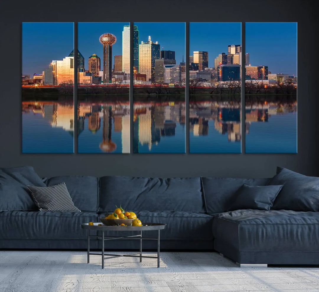 The living room features the "Dallas City Lights Sunset Skyline Cityscape View Wall Art Canvas Print" triptych. This museum-quality canvas comes with a UV-protective coating, ensuring the artwork remains pristine for years to come.