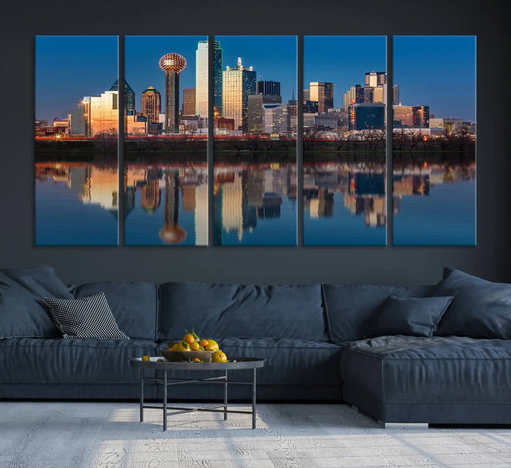 The living room features the "Dallas City Lights Sunset Skyline Cityscape View Wall Art Canvas Print" triptych. This museum-quality canvas comes with a UV-protective coating, ensuring the artwork remains pristine for years to come.