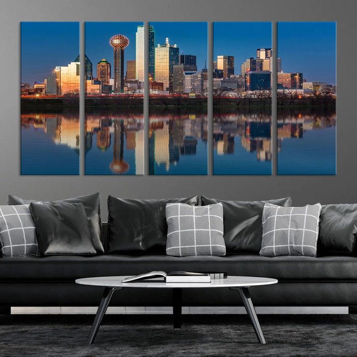 The living room features the "Dallas City Lights Sunset Skyline Cityscape View Wall Art Canvas Print" triptych. This museum-quality canvas comes with a UV-protective coating, ensuring the artwork remains pristine for years to come.