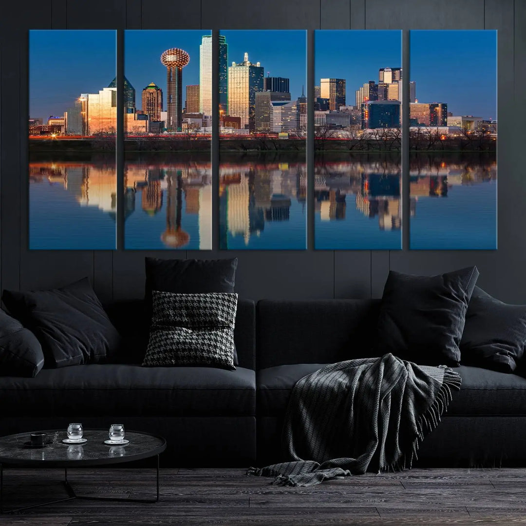 The living room features the "Dallas City Lights Sunset Skyline Cityscape View Wall Art Canvas Print" triptych. This museum-quality canvas comes with a UV-protective coating, ensuring the artwork remains pristine for years to come.