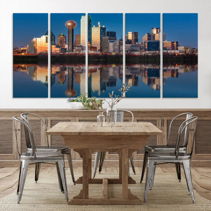 The living room features the "Dallas City Lights Sunset Skyline Cityscape View Wall Art Canvas Print" triptych. This museum-quality canvas comes with a UV-protective coating, ensuring the artwork remains pristine for years to come.