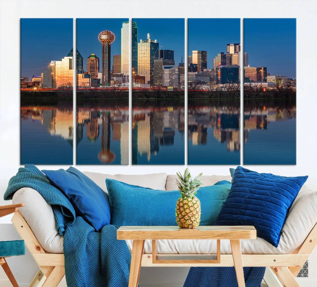 The living room features the "Dallas City Lights Sunset Skyline Cityscape View Wall Art Canvas Print" triptych. This museum-quality canvas comes with a UV-protective coating, ensuring the artwork remains pristine for years to come.