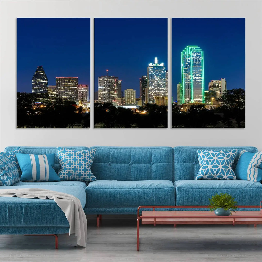 The "Dallas City Night Blue Skyline Cityscape View Wall Art Canvas Print" features a triptych of a city skyline at night with brightly lit buildings, displayed on a museum-quality canvas. Enjoy free shipping.