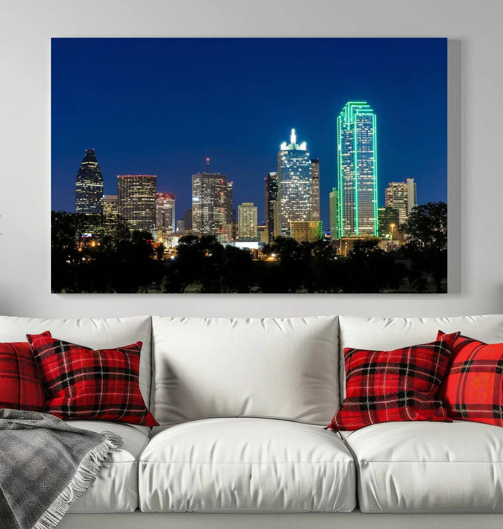 The "Dallas City Night Blue Skyline Cityscape View Wall Art Canvas Print" features a triptych of a city skyline at night with brightly lit buildings, displayed on a museum-quality canvas. Enjoy free shipping.