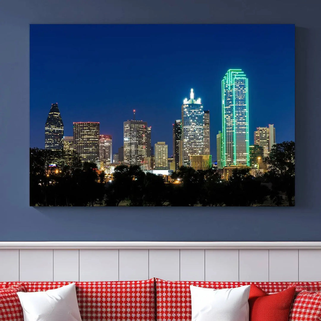 The "Dallas City Night Blue Skyline Cityscape View Wall Art Canvas Print" features a triptych of a city skyline at night with brightly lit buildings, displayed on a museum-quality canvas. Enjoy free shipping.