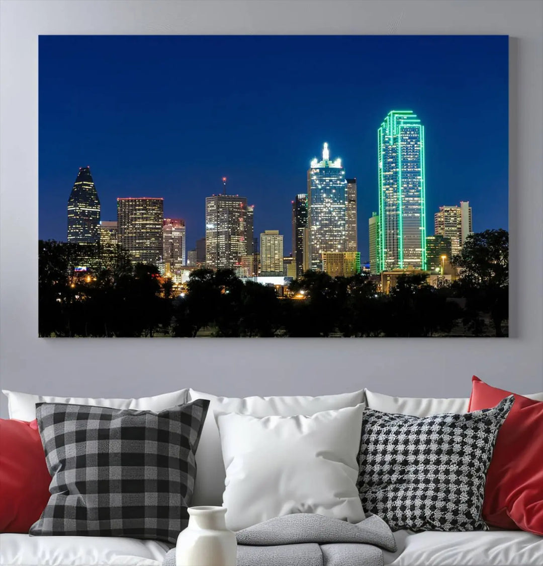 The "Dallas City Night Blue Skyline Cityscape View Wall Art Canvas Print" features a triptych of a city skyline at night with brightly lit buildings, displayed on a museum-quality canvas. Enjoy free shipping.