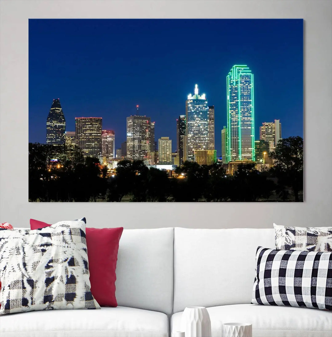 The "Dallas City Night Blue Skyline Cityscape View Wall Art Canvas Print" features a triptych of a city skyline at night with brightly lit buildings, displayed on a museum-quality canvas. Enjoy free shipping.