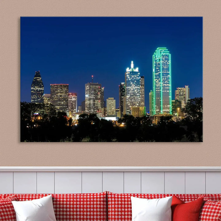 The "Dallas City Night Blue Skyline Cityscape View Wall Art Canvas Print" features a triptych of a city skyline at night with brightly lit buildings, displayed on a museum-quality canvas. Enjoy free shipping.