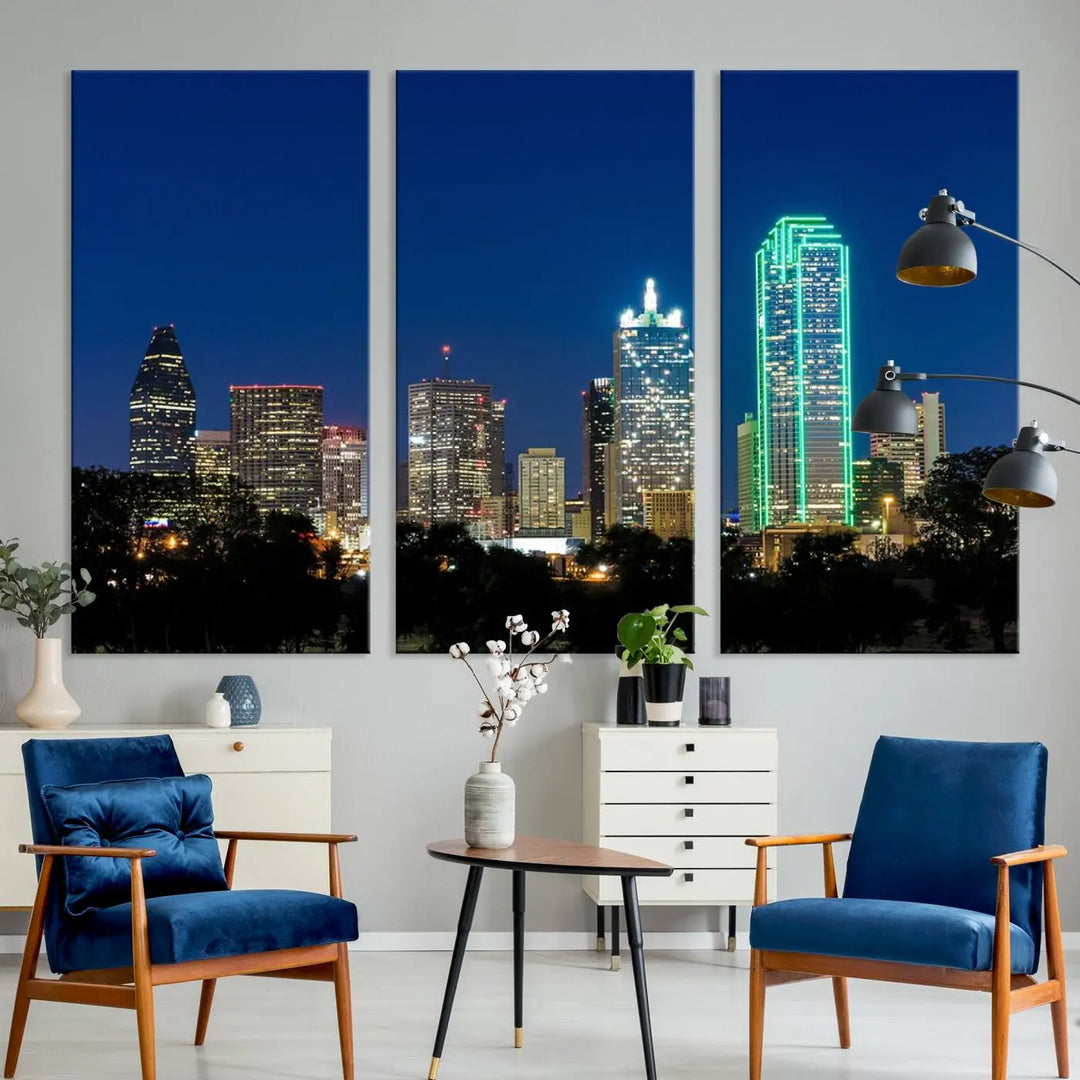 The "Dallas City Night Blue Skyline Cityscape View Wall Art Canvas Print" features a triptych of a city skyline at night with brightly lit buildings, displayed on a museum-quality canvas. Enjoy free shipping.