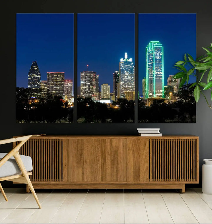 The "Dallas City Night Blue Skyline Cityscape View Wall Art Canvas Print" features a triptych of a city skyline at night with brightly lit buildings, displayed on a museum-quality canvas. Enjoy free shipping.