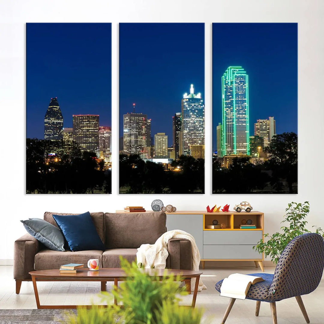 The "Dallas City Night Blue Skyline Cityscape View Wall Art Canvas Print" features a triptych of a city skyline at night with brightly lit buildings, displayed on a museum-quality canvas. Enjoy free shipping.