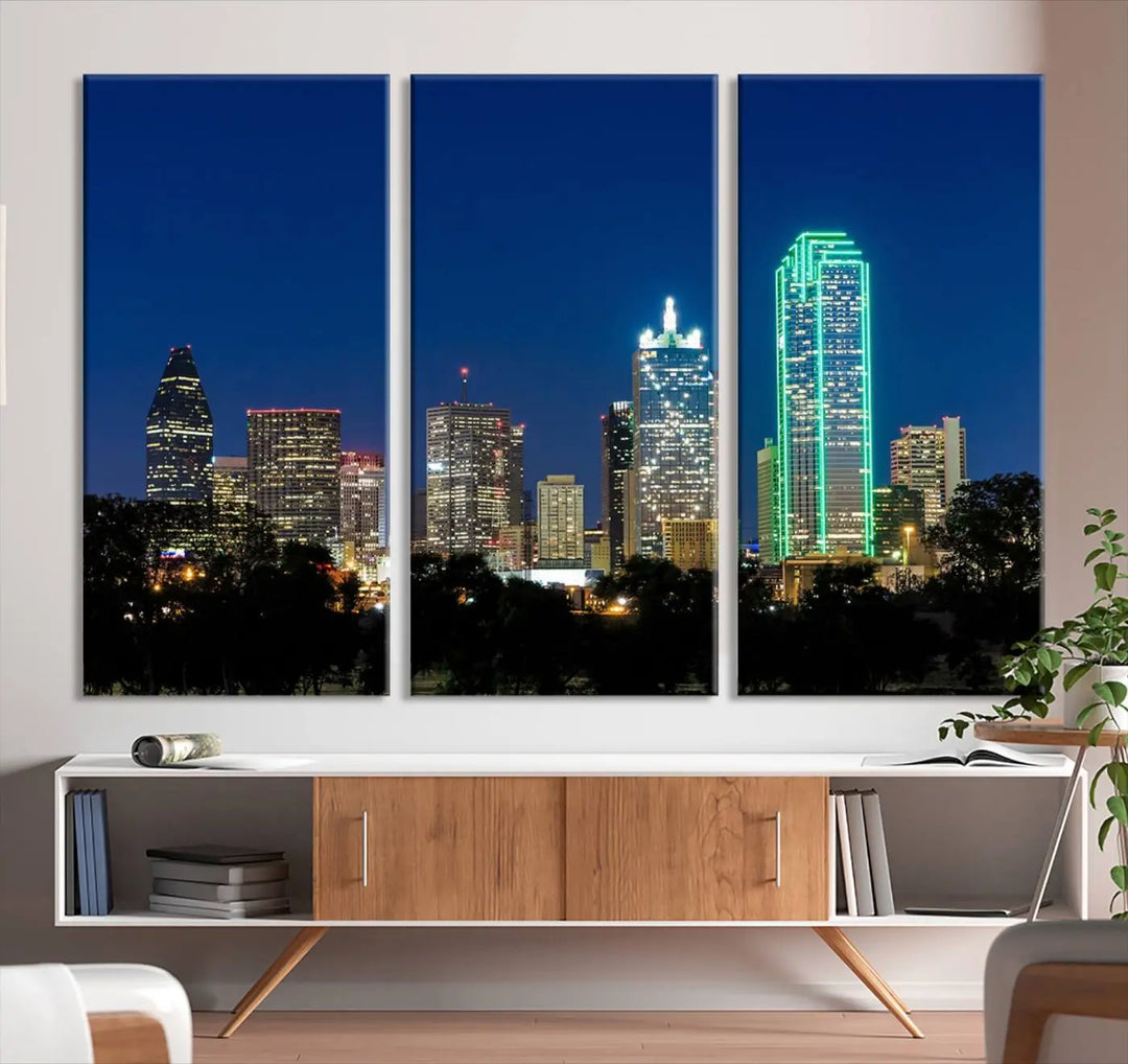 The "Dallas City Night Blue Skyline Cityscape View Wall Art Canvas Print" features a triptych of a city skyline at night with brightly lit buildings, displayed on a museum-quality canvas. Enjoy free shipping.