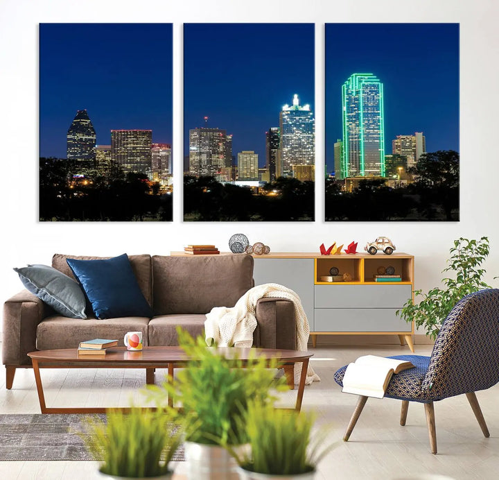 The "Dallas City Night Blue Skyline Cityscape View Wall Art Canvas Print" features a triptych of a city skyline at night with brightly lit buildings, displayed on a museum-quality canvas. Enjoy free shipping.